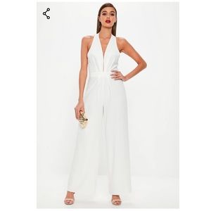 White plunge halter top pleated jumpsuit